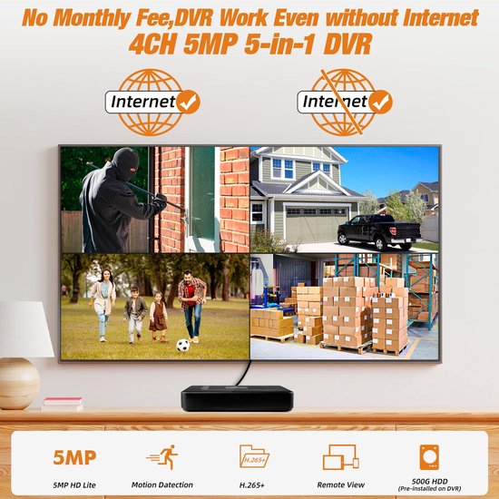 SnelShoppen - 4-kanaals CCTV bewakingsDVR met 500 GB HDD, 5MP H.265+ video-recorder voor AHD TVI IP-camera's, beveiligingscamera-systeem met mobiele a