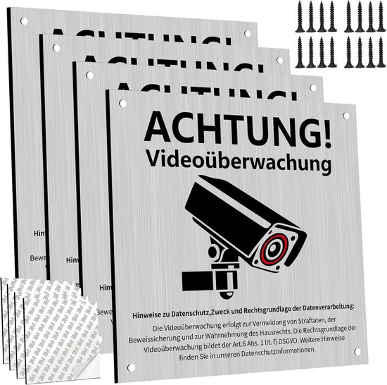 SnelShoppen - 4 x Video Surveillance Sign - 15 x 15 cm Camera Bewakingsbord met DSGVO Vermelding - Duurzaam en Weerbestendig - Zelfklevend voor Tuin,
