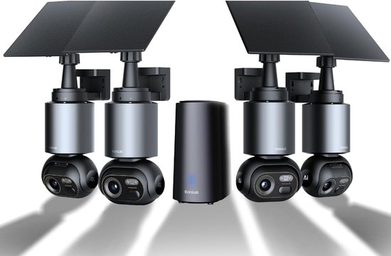 SnelShoppen - 4K Bewakingscamera voor Buiten, Zonne-accu, 4-Cameraset, 32 GB Lokaal Geheugen, 360° Zonne-Wifi-Camera met 8 MP UHD Kleurnachtzicht, AI-