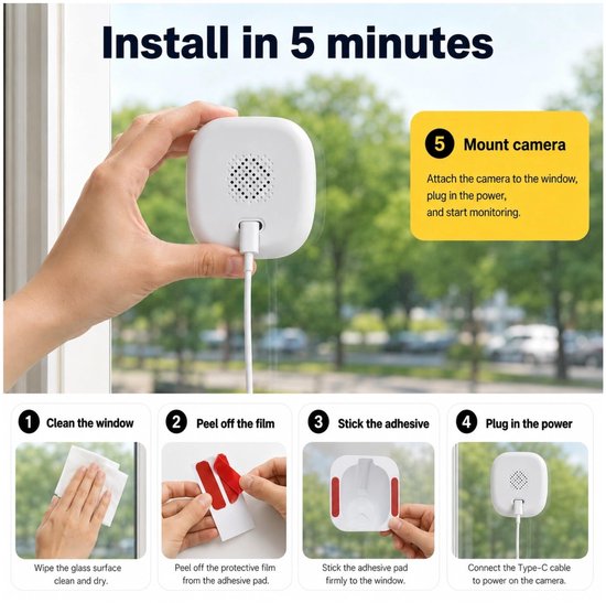 SnelShoppen - Cuifati 4MP 2K Raamcamera met 2,4GHz en 5GHz WiFi, Persoons- en Bewegingsdetectie Domecamera, Nachtzicht in Kleur, Beveiliging voor Huis