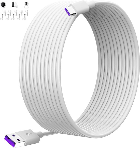 SnelShoppen - Extra Lange 8M USB Type-C Kabel - Voor Beveiligingscamera's, Slimme Speakers, 2K Magnetische Bevestiging, Wit, Geschikt voor Buiten en B
