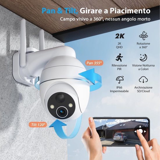 SnelShoppen - Wifi-camera voor buiten, 2K Bewakingscamera met Zonnepaneel, 360° PTZ Draadloze Outdoor Camera met Batterij, Kleurennachtzicht, 2,4 GHz,
