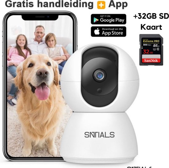 SNTIALS - 1080p Huisdiercamera met App - 32GB SD Kaart - Hondencamera - Huisdier Camera - Pet Camera Wifi Binnen - Beveiligings Camera - Beweeg en geluidsdetectie - voor Hond / Katten / Dieren / Baby - Met Handleiding van SNTIALS
