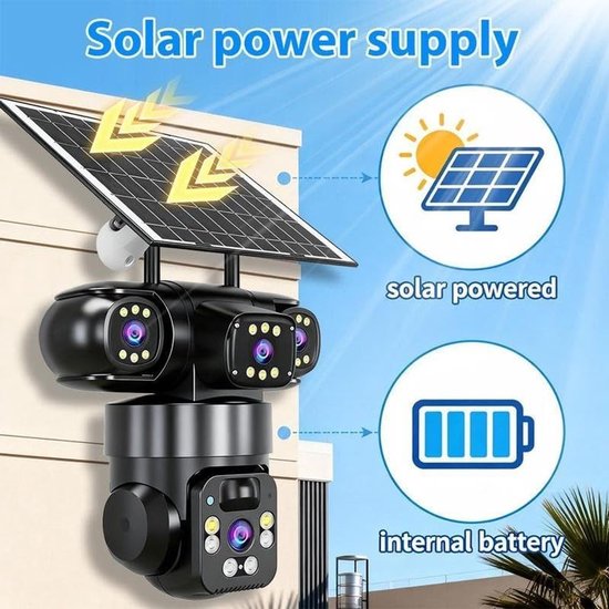 Solar Beveiligingscamera Buiten - 1080p 2MP WiFi Camera met 3 Lenzen - 360° PTZ - 10x Zoom - Kleur Nachtzicht - IP66 Waterdicht - Bewegingsdetectie & Tracking - Tweeweg Audio - Zonnepaneel