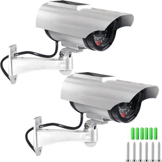 Solar Beveiligingscamera Set van 2, Nepcamera met Flitsende LED Licht voor Tuin, Deur en Gang, Veiligheidscamera voor Binnen en Buiten