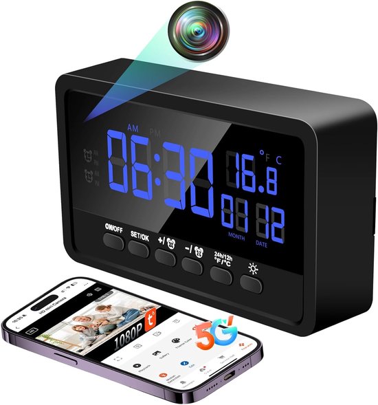 Spionage Camera Wekker - Mini Verborgen Camera - Huisbewaking - Dual Band WiFi - 1080P HD - Zwart