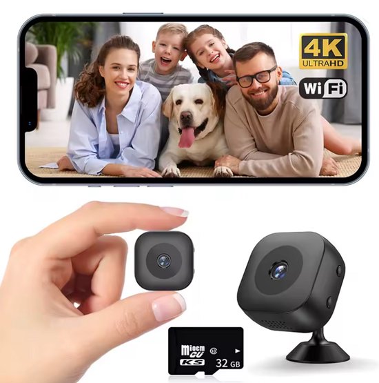 Spy Camera - Bewakingscamera 4K FHD Mini WiFi Camera - Baby Huisdier - WiFi met App - Nachtzicht - Incl. 32GB SD Kaart - Beveiligingscamera voor binnen - Verborgen Camera - Auto IR Nachtzicht - Bewegingsdetectie Waarschuwing van Merkloos