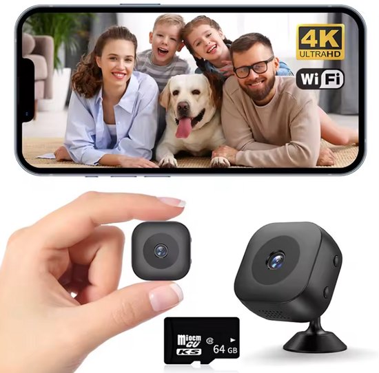 Spy Camera - Bewakingscamera 4K FHD Mini WiFi Camera - Baby Huisdier - WiFi met App - Nachtzicht - Incl. 64GB SD Kaart - Beveiligingscamera voor binnen - Verborgen Camera - Auto IR Nachtzicht - Bewegingsdetectie Waarschuwing van Merkloos