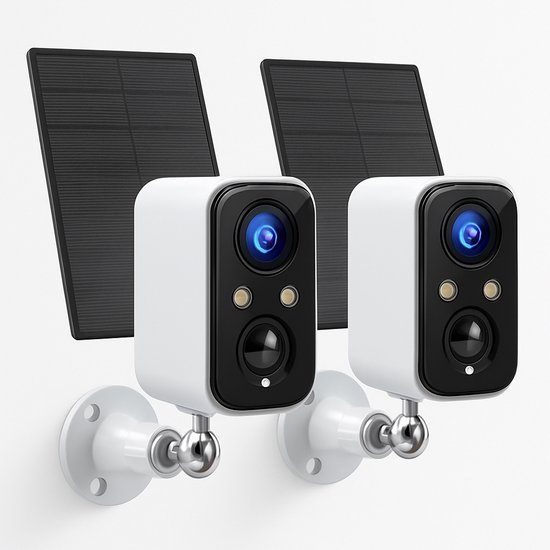 StayPowered Bewakingscamera - 2-Pack - Altijd Beveiligd met Zonne-energie - 1080p HD - Gekleurd Nachtzicht - 5000mAh Accu - PIR Persoonsherkenning - 2-Weg Audio - IP66 Weerbestendig - Voor Binnen en Buiten - Wit - Levering Sneller dan Aangegeven!