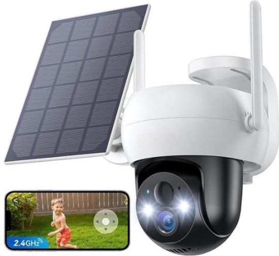 StayPowered Bewakingscamera - Draadloze Zonne-Energie voor 24/7 Veiligheid - 2K Kleuren-Nachtzicht - 360° Dekking - Bewegingsdetectie met Alarm - 2-Weg Audio - IP65 Waterdicht - Wit - Levering Sneller dan Aangegeven!