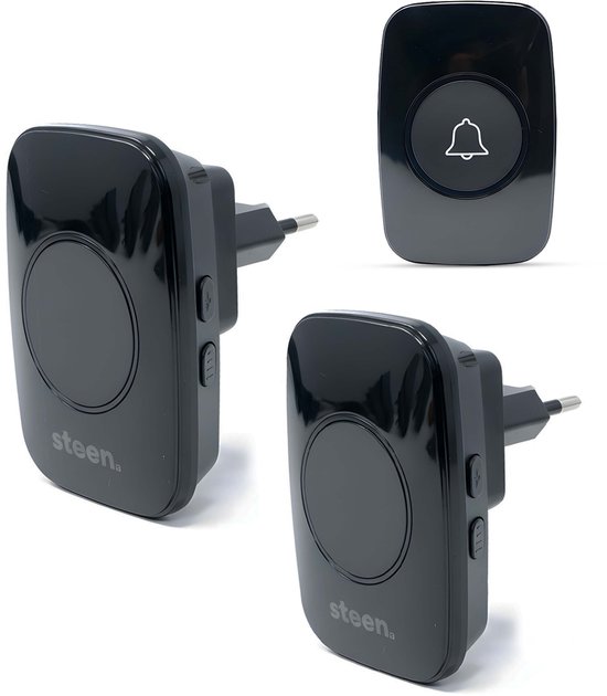 STEEN Deurbel Draadloos – Draadloze Deurbel met 2 ontvangers – Deurbellen – IP44 waterdicht – 300m Bereik – 5 Volume standen – Plug & Play