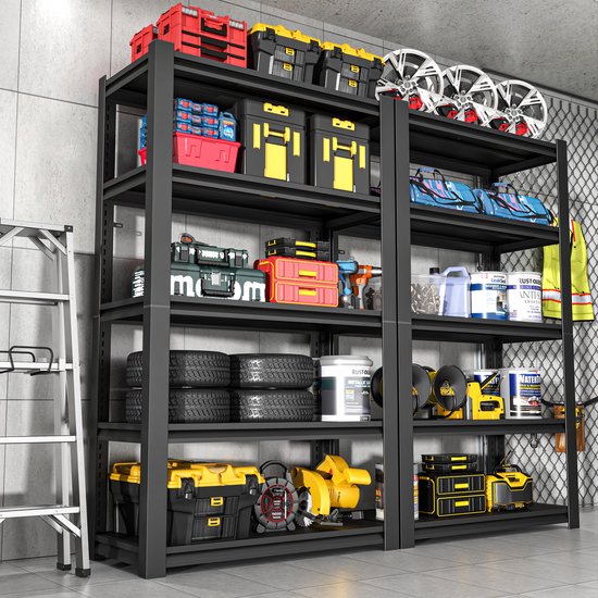 Stellingkast Zware Belasting - 198 x 120 x 45,7 cm - Metaal - Zwart - Verstelbare 5-Laags Opbergrek Voor Garage, Kelder En Werkplaats