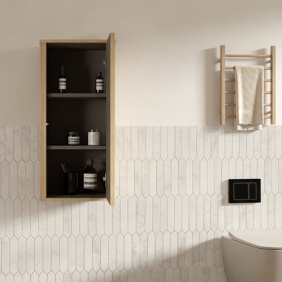 STILVORA Badkamerkast - Wandkast Met Geribbeld Front En Drukopening - Voor Badkamer En Woonruimte - MDF - 36x29x75 Cm - Eikenkleur