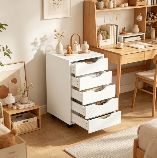 STILVORA Mobiele Opbergkast Met 5 Lades En Wielen Voor Bureau En Slaapkamer - Wit - Kunsthout - 40 X 40 X 66,5 Cm