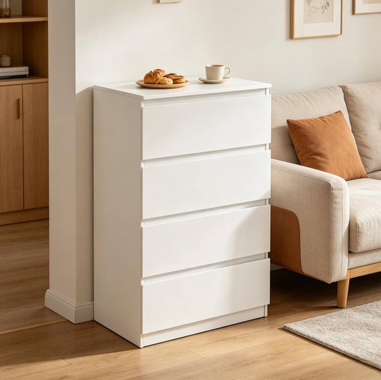 STILVORA Opbergkast - Vier Lades Met Minimalistisch Design - Voor Slaapkamer, Woonkamer En Hal - Hout - Wit - 60x90x40 Cm