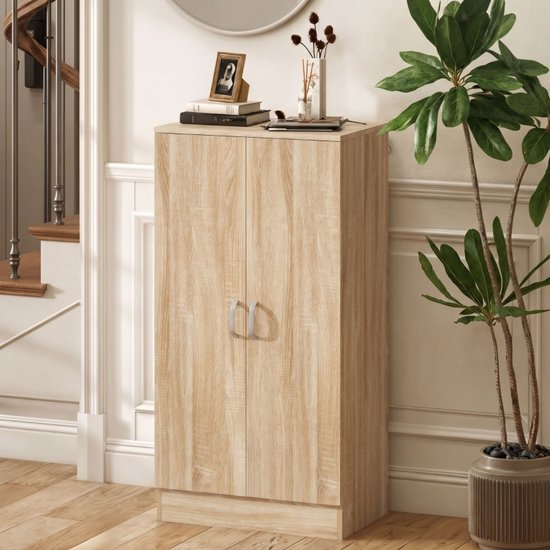 STILVORA Schoenenkast - 2 Deuren Met Zes Verstelbare Planken En Softclose - Voor Hal En Slaapkamer - Hout - Naturel - 55 x 35 x 108 Cm