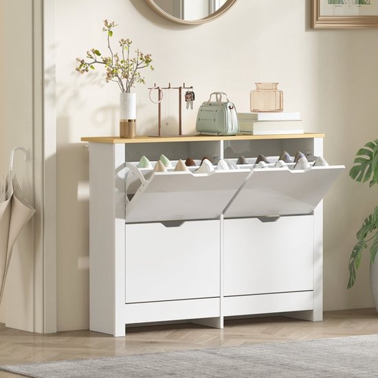 STILVORA Schoenenkast - Smal Model Met 4 Klapvakken Voor 8 Tot 16 Paar Schoenen - Voor Hal En Gang - Wit En Natuurlijk Hout - 105 X 26 X 80 Cm