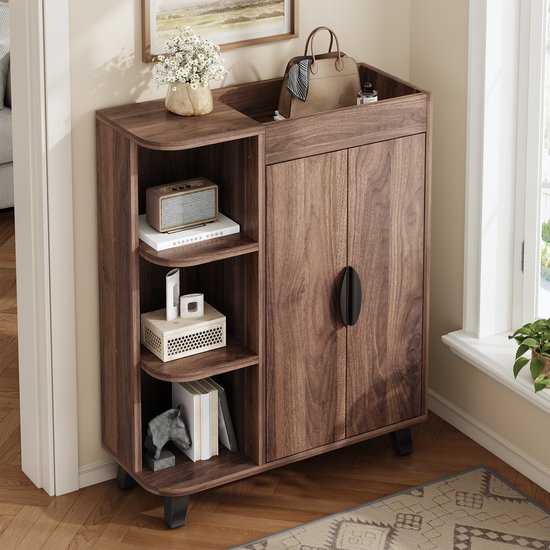 STILVORA Schoenenkast - Smal Ontwerp Met Open Vakken En Dubbele Deuren - Voor Hal En Kleine Ruimtes - Houtlook - 80x32x99 Cm - Walnoot