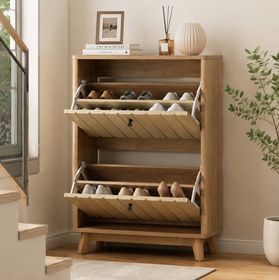 STILVORA Schoenenkast - Smal Vrijstaand Klapmodel Met Verstelbare Planken En Anti Kantel - Voor Hal En Entree - Eikenhoutkleur - 60x24x94 Cm