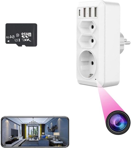 Stopcontact Camera - Adapter Beveiliging - Binnenshuis Toezicht - Met Nachtzicht - 3 USB Poorten - Wit