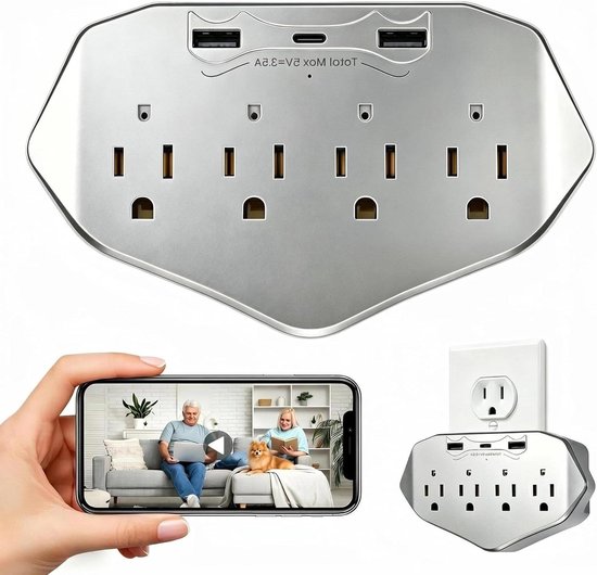Stopcontact Camera - Verborgen Camera - Huis Bewaken - 4-in-1 Functie - 1080P HD - Zilver-grijs