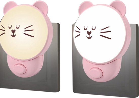 Stopcontactlamp - Nachtlampje - Kat - Met - Knopschakelaar - Kawaii -Decoratie - Voor - Kinderslaapkamer - Pasgeboren - Babyspullen - 2 Stuks - Roze-Roze van Ariko