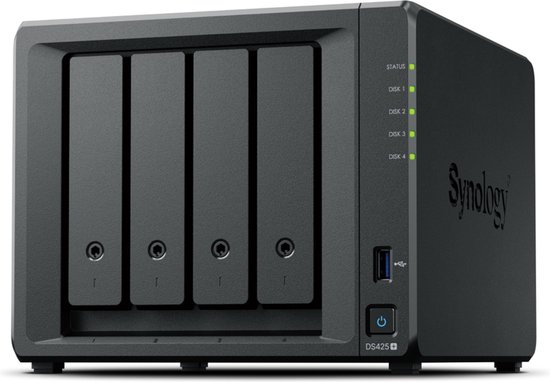 Synology DS425+ - NAS-Server - 4 bays - Intel Celeron J4125 - 2 GB DDR4 (uitbreidbaar tot 6 GB) - 3.5" - 2.5" - M.2 2280 NVMe - zwart van Synology