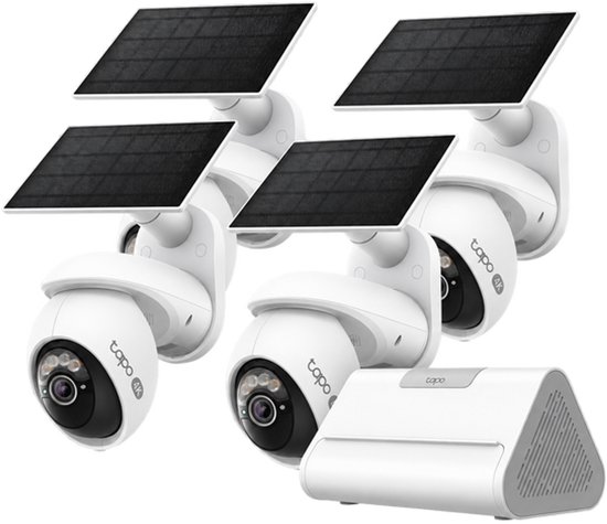 Tapo C660 Beveiligingscamera Buiten op Zonne-energie 4-pack + H500 CentralHub - Bundelvoordeel - 4K 8MP - 360° Draaibaar - Inclusief Zonnepaneel - Lokale Opslag tot 16TB - Geen Abonnement - 10.000 mAh Accu - Starlight Kleur Nachtzicht - 110 dB Sirene