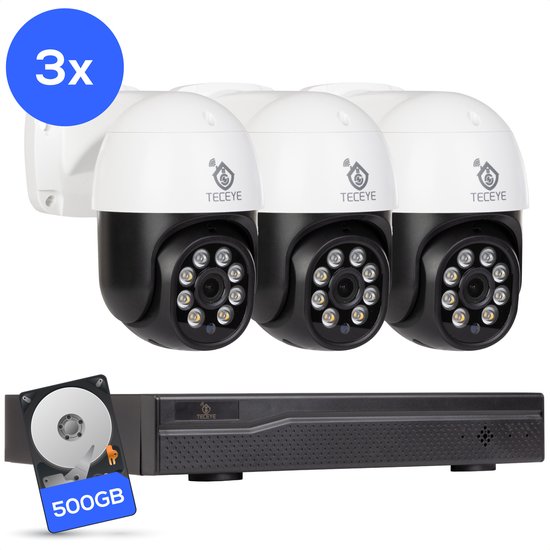 Teceye Compleet Camera Beveiliging Set met 3x PTZ POE Camera - Beveiligingscamera - Beveiligingscamera binnen - Beveiligingscamera buiten - CCTV Camera systeem - Beveiligingscamera set - Bewakingscamera set