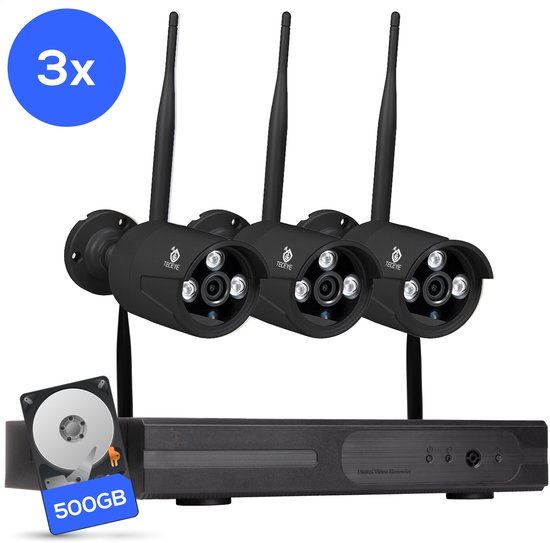 Teceye Compleet Camera Beveiliging Set met 3x Wifi IP Camera - CCTV Camerasysteem - Beveiligingscamera binnen - Wifi Beveiligingscamera Set Buiten - Beveiligingscamera - Beveiligingscamera buiten - Beveiligingscamera Draadloos buiten van Merkloos