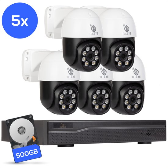 Teceye Compleet Camera Beveiliging Set met 5x PTZ POE Camera - Beveiligingscamera - Beveiligingscamera binnen - Beveiligingscamera buiten - CCTV Camera systeem - Beveiligingscamera set - Bewakingscamera set van Merkloos