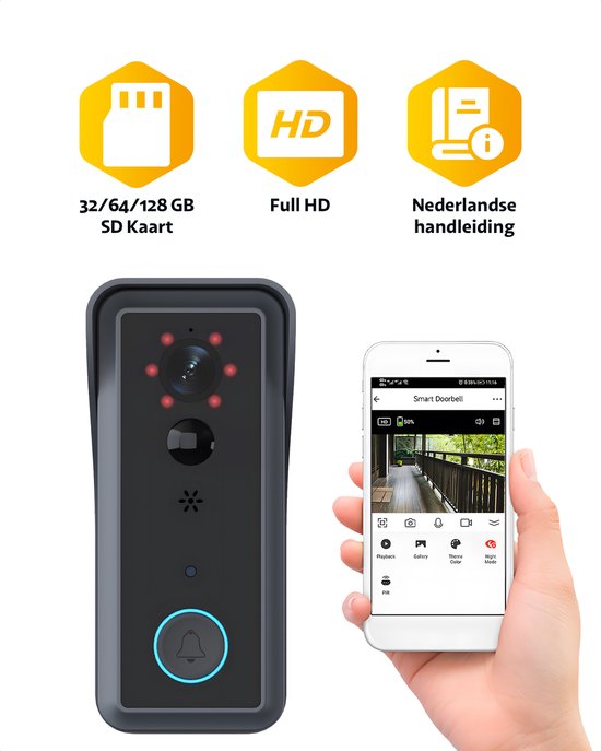 Teceye - Deurbel draadloos - Deurbel camera - + 128GB SD kaart - + Gong - Zonder abonnement - Deurbel met camera