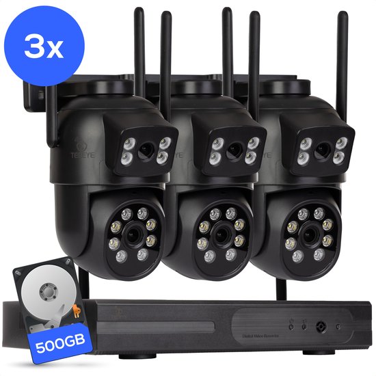 Teceye Dual Camera Beveiliging Set met 3x Wifi IP Camera - Camera Beveiliging Buiten Draadloos, Wifi Beveiligingscamera Set Buiten - Beveiligingscamera - Beveiligingscamera buiten - Beveiligingscamera Draadloos buiten - CCTV Camerasysteem van Teceye