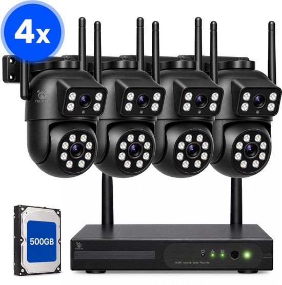 Teceye® Dual Wifi Beveiligingscamera Set van 4 - Draadloze Buitencamera met Nachtzicht en App - PTZ IP Security Camera - Bewakingscamera Buiten - Camerabewaking Draadloos - Nachtcamera Recorder 500GB