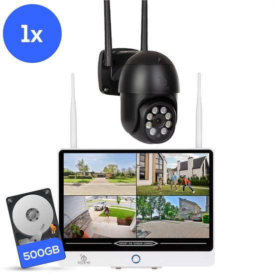 TecEye PTZ 1x Bewakingscamera met Monitor – Draadloze Beveiligingscamera met 10 inch Scherm – Camera met Monitor – Bewakingscamera met Scherm - 500GB Opslag van Merkloos