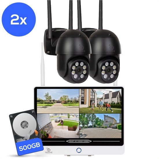 TecEye PTZ 2x Bewakingscamera met Monitor – Draadloze Beveiligingscamera met 10 inch Scherm – Camera met Monitor – Bewakingscamera met Scherm - 500GB Opslag van Merkloos