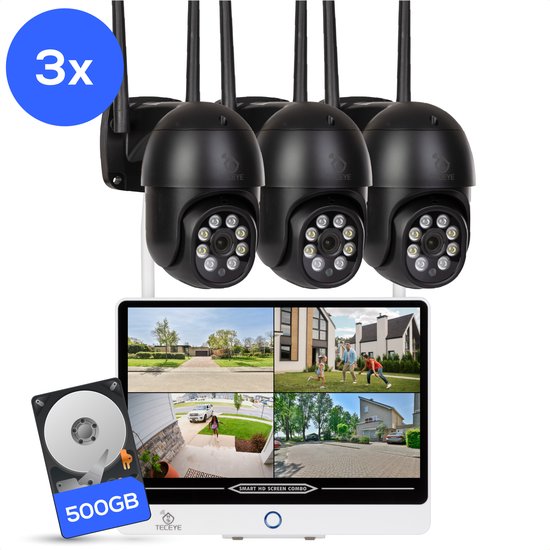 TecEye PTZ 3x Bewakingscamera met Monitor – Draadloze Beveiligingscamera met 10 inch Scherm – Camera met Monitor – Bewakingscamera met Scherm - 500GB Opslag van Merkloos