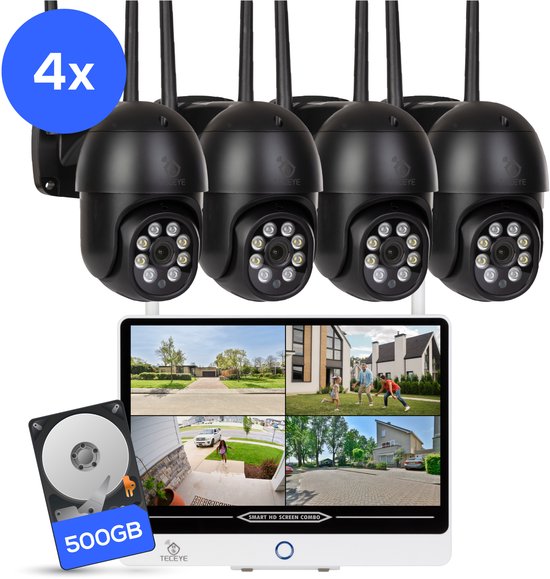 TecEye PTZ 4x Bewakingscamera met Monitor – Draadloze Beveiligingscamera met 10 inch Scherm – Camera met Monitor – Bewakingscamera met Scherm - 500GB Opslag van Merkloos
