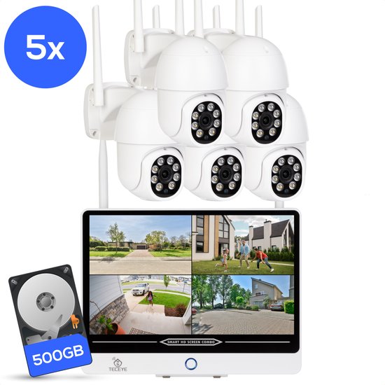 TecEye PTZ 5x Bewakingscamera met Monitor – Draadloze Beveiligingscamera met 10 inch Scherm – Camera met Monitor – Bewakingscamera met Scherm - 500GB Opslag