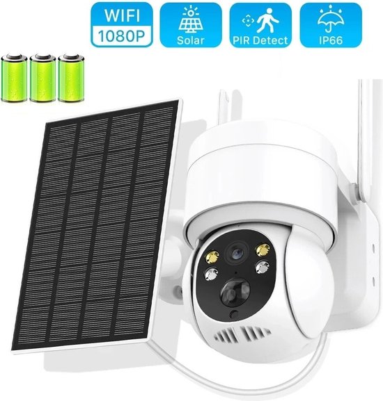 TechU™ Beveiligingscamera voor Buiten Met Zonnepaneeltje – Wifi met Gratis App – met Nachtzicht & Two-way Audio – Bewakingscamera met 64GB Geheugen – Wit van TechU™