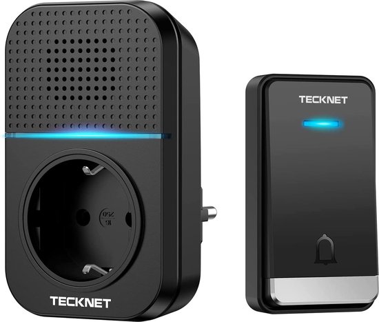 Tecknet draadloze deurbel met 1 ontvanger inclusief stopcontact - Duurzame zender zonder batterijen - Zwart