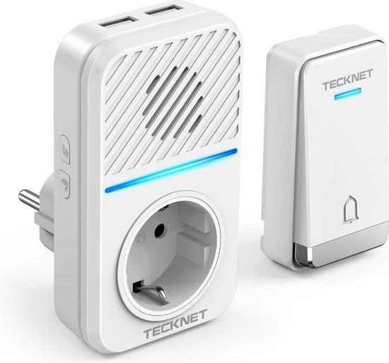 Tecknet NEW Doorbell - draadloze deurbel met 1 ontvanger inclusief stopcontact | Duurzame zender zonder batterijen | Inc. 2 USB laadpoorten | Wit