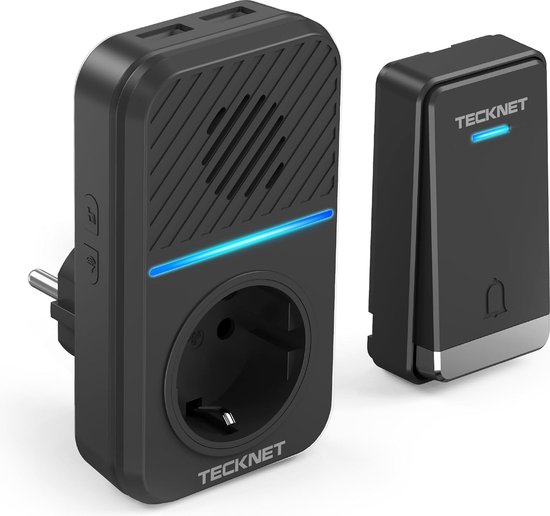 Tecknet NEW Doorbell - draadloze deurbel met 1 ontvanger inclusief stopcontact - Duurzame zender zonder batterijen - Inc. 2 USB laadpoorten - Zwart
