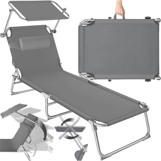 tectake® - ligstoel, robuust, verstelbaar, stalen onderstel met zonnescherm, 4-standen rugleuning inclusief hoofdkussen, strandstoel Ideaal voor tuin, zwembad, camping - grijs van Tectake