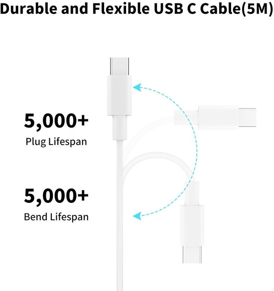 Thijox - USB C-kabel 5 m voor Beveiligingscamera - USB Type C Oplaadkabel voor Mi Magnetische Mount en EZVIZ CP1 - Geschikt voor 2K en 1080p Camera's