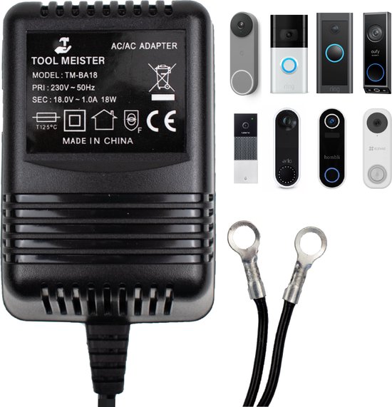 Tool Meister BA18 - 18V/1A AC/AC Adapter voor Smart Deurbel - 18VA (18W) Universele Beltransformator - Beltrafo - Transformator - Op Maat voor Google Nest, Eufy, Ring, Zedar, TP-Link, Arlo, Ezviz, Blink, Netatmo, Hombli - 5 Meter Kabel