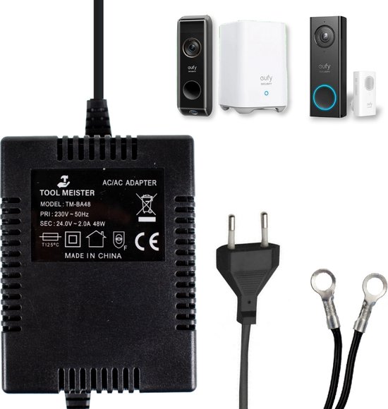 Tool Meister BA48 - 24V/2A AC/AC Adapter voor Eufy Smart Deurbel - 48VA (48W) Universele Beltransformator - Beltrafo - Transformator - Op Maat voor Eufy - 5 Meter Kabel