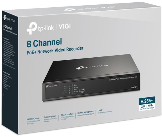 TP-Link VIGI NVR1008H-8P Netwerk Video Recorder (NVR) Zwart