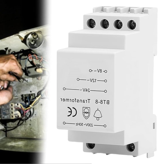 Transformator voor deurbel en chime met lage spanning, 8 V/12 V/24 V, DIN-rail montage, compact en veilig