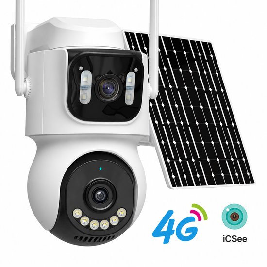 Tremeo Beveiligingscamera Draadloos Buiten - 2 Lenzen - Met Zonnepaneel - 4G Simkaart - Bewegingsdetectie - 128GB Geheugenkaart -